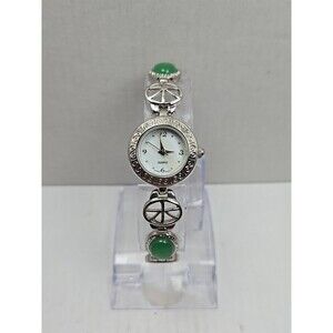 Avon Green Cabochon Oval Link Bracelet Watch Silver Tone Quartz New Battery